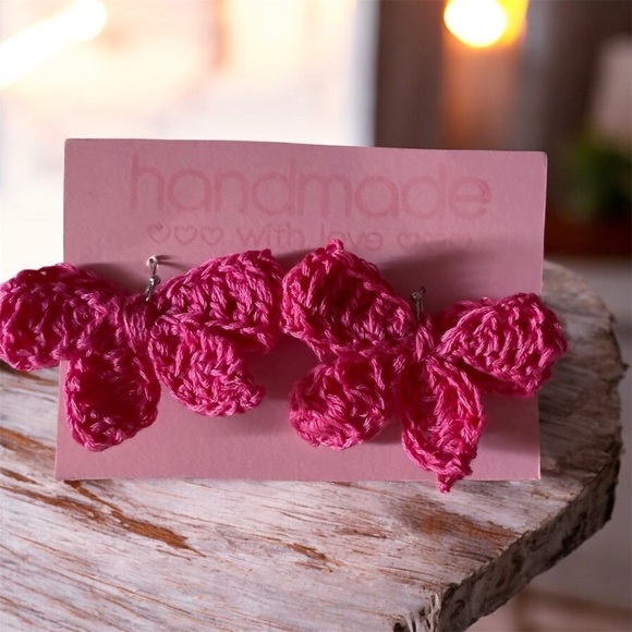 Handmade Jewelry - Handmade Pink Crochet bow Earrings – Lightweight & Boho Chic